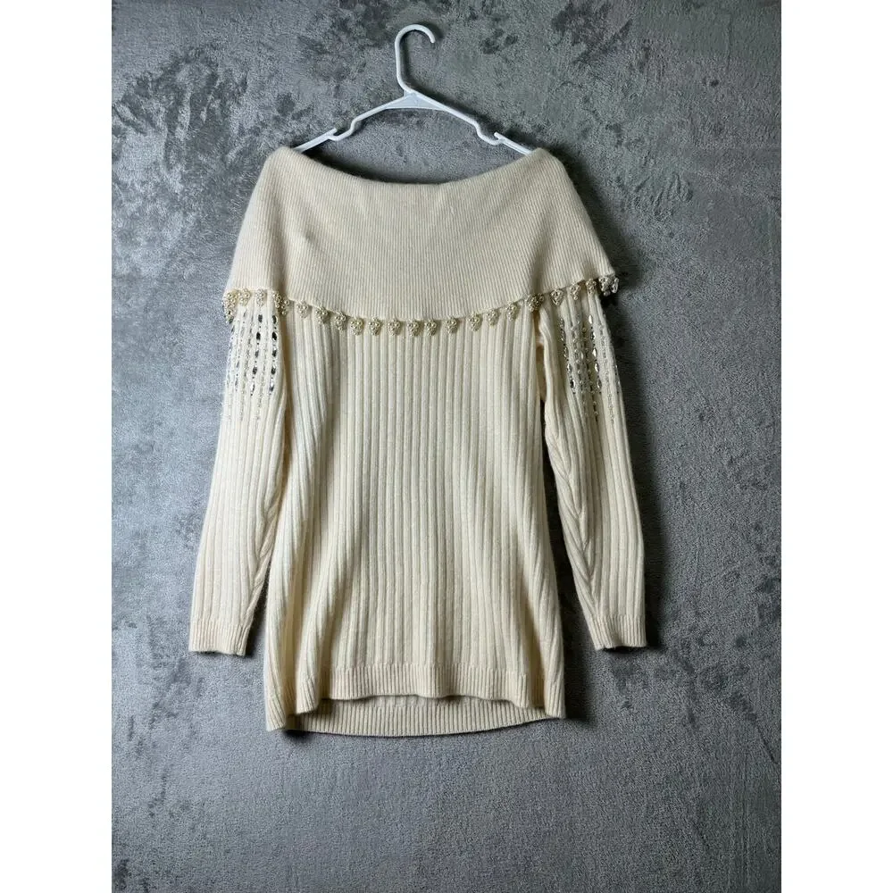Vintage Ivory Lambswool Angora Beaded Ribbed Knit Sweater Skirt Set Quiet Luxury